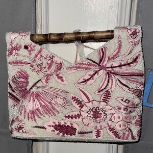 Pink Floral Beaded Clutch with Bamboo Handle